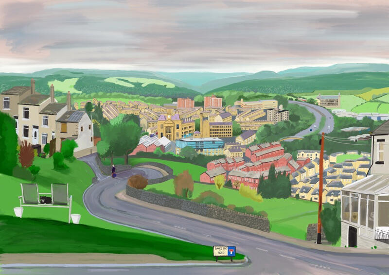 ELLAND The view from Upper Edge. Influences from Hockney and Lowrie. Open Edition framed prints available, A3 £85 👉🏻 Enquire