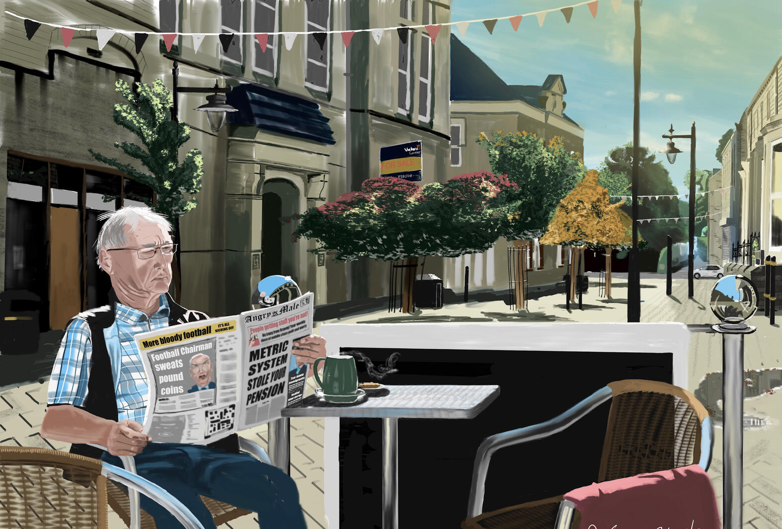 Satirical painting featuring grumpy man and send up of Daily Mail. Ossett, Yorkshire.