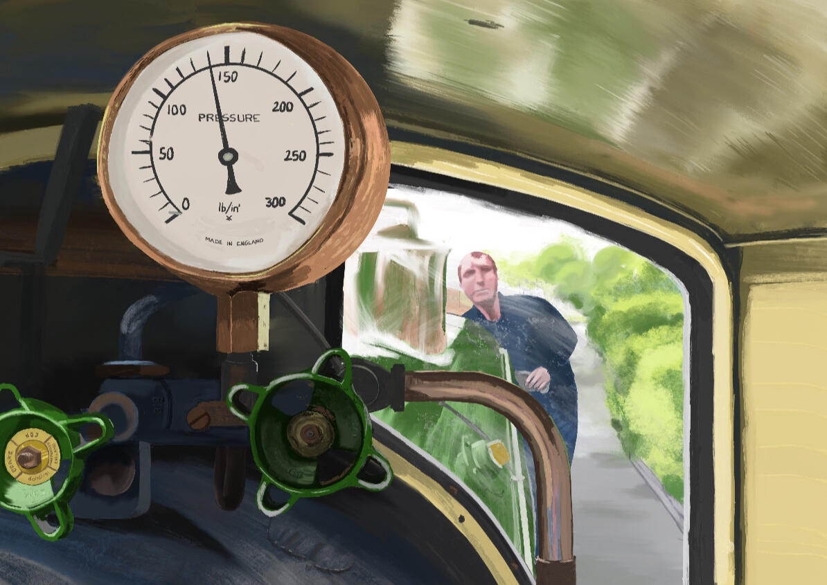 KIRKLEES LIGHT RAILWAY - Inside 'Katie' the narrow gauge engine. The engineer makes careful adjustments to prevent the boiler blowing! Maybe we all need a pressure gauge. 1/1 Unique Edition available, £300 👉🏻 Enquire