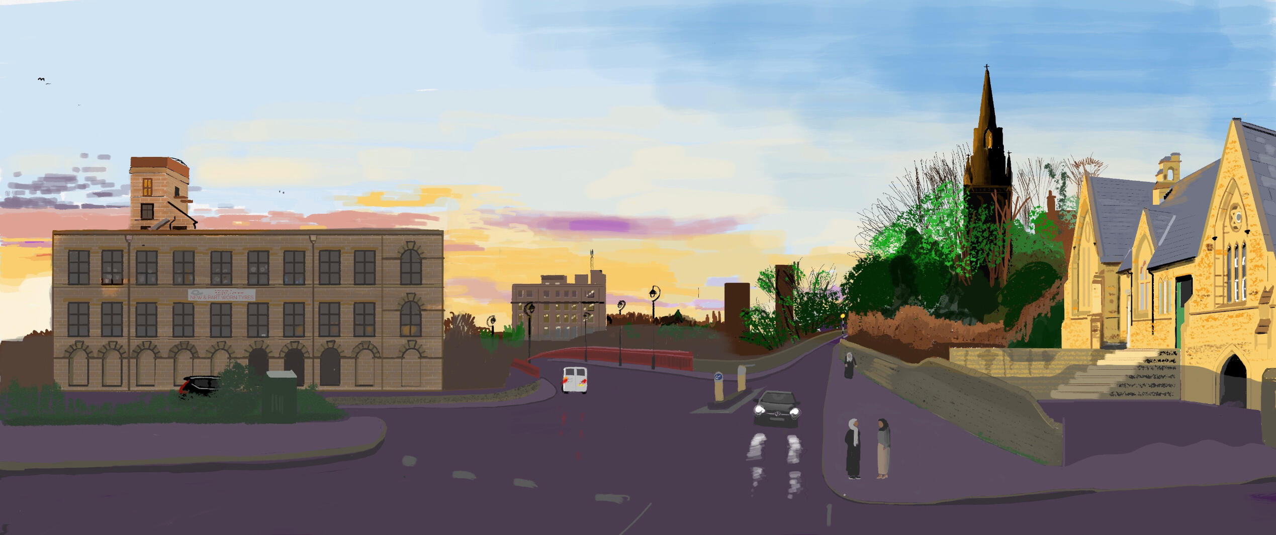 Sunset painting of Dewsbury Yorkshire - Yorkshire Art