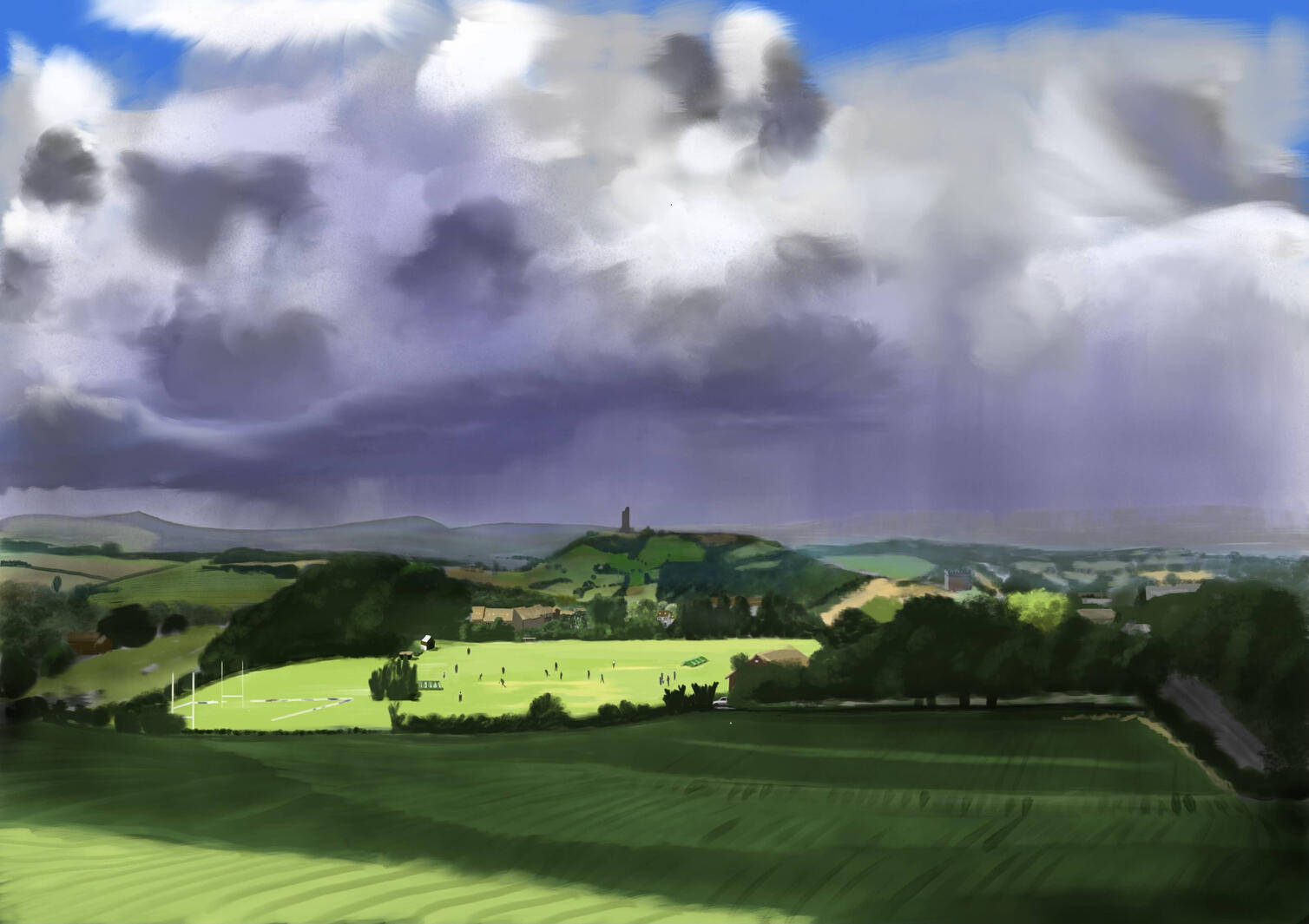 Fine art painting of Lepton in stormy weather. West Yorkshire.